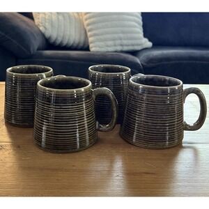 Barcelo Portugal Stoneware Coffee Mug Cup Olive Green Ribbed Handcrafted Set 4